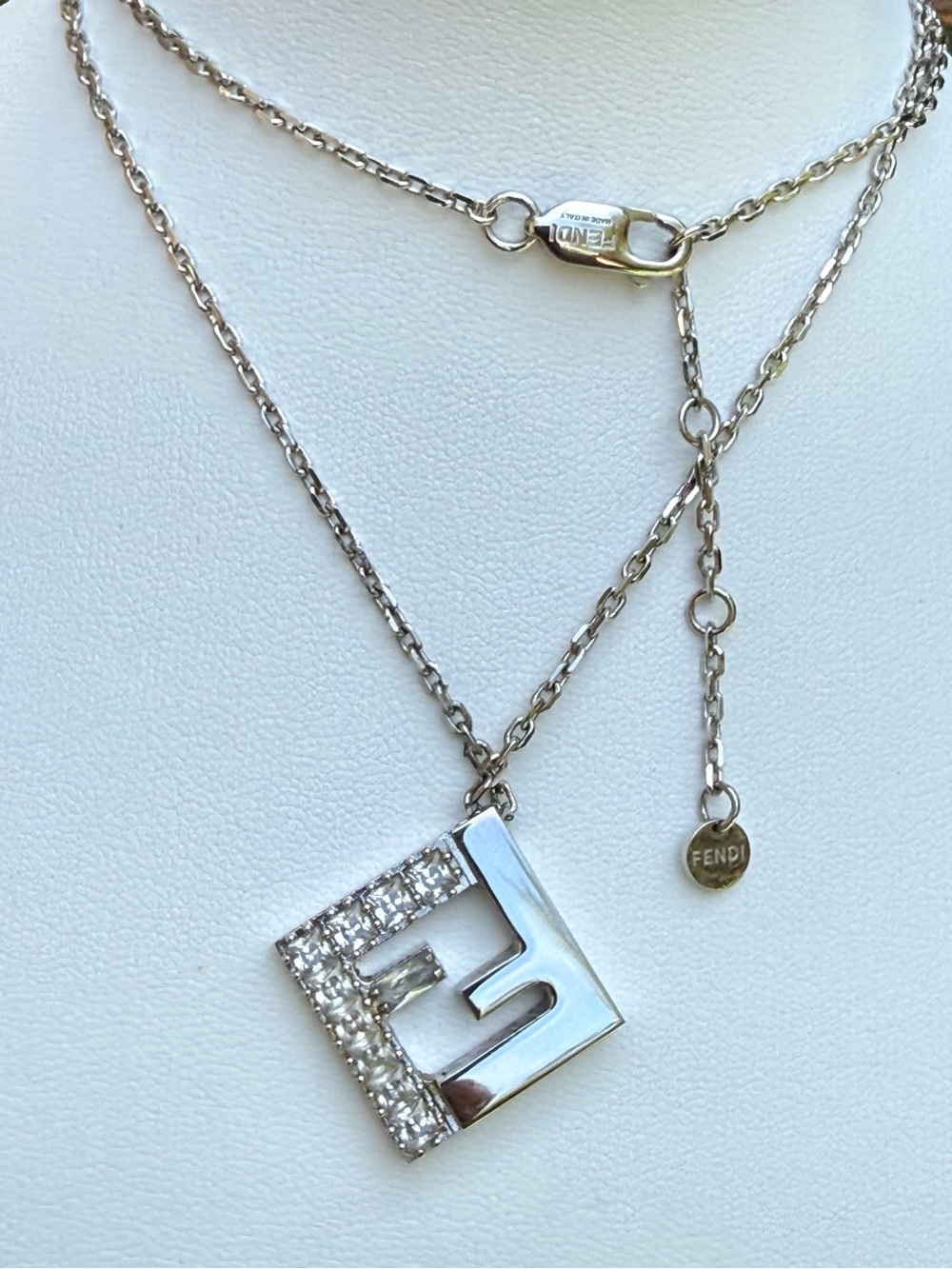 Fendi FF logo Crystal Pendant Chain Necklace in Silver - Picture 6 of 9